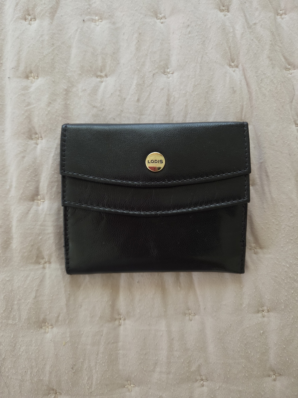 Lodis Black Leather Compact Wallet with Gold Snap